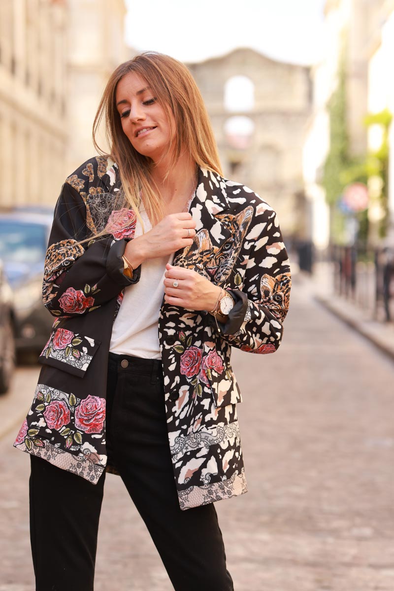 Loose-fit black blazer with tiger, leopard, and floral print