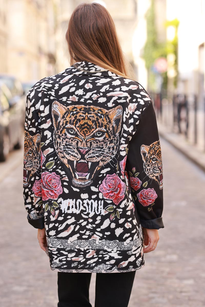 Loose-fit black blazer with tiger, leopard, and floral print