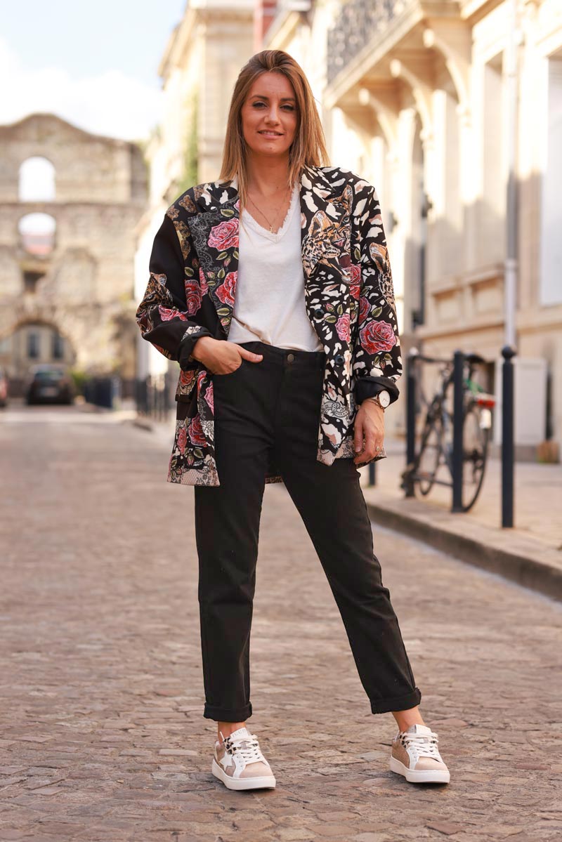 Loose-fit black blazer with tiger, leopard, and floral print