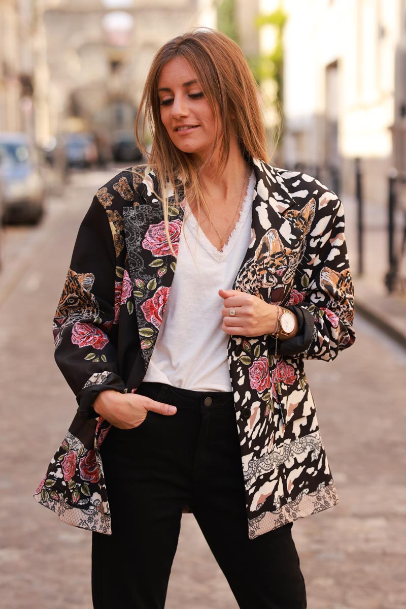 Loose-fit black blazer with tiger, leopard, and floral print