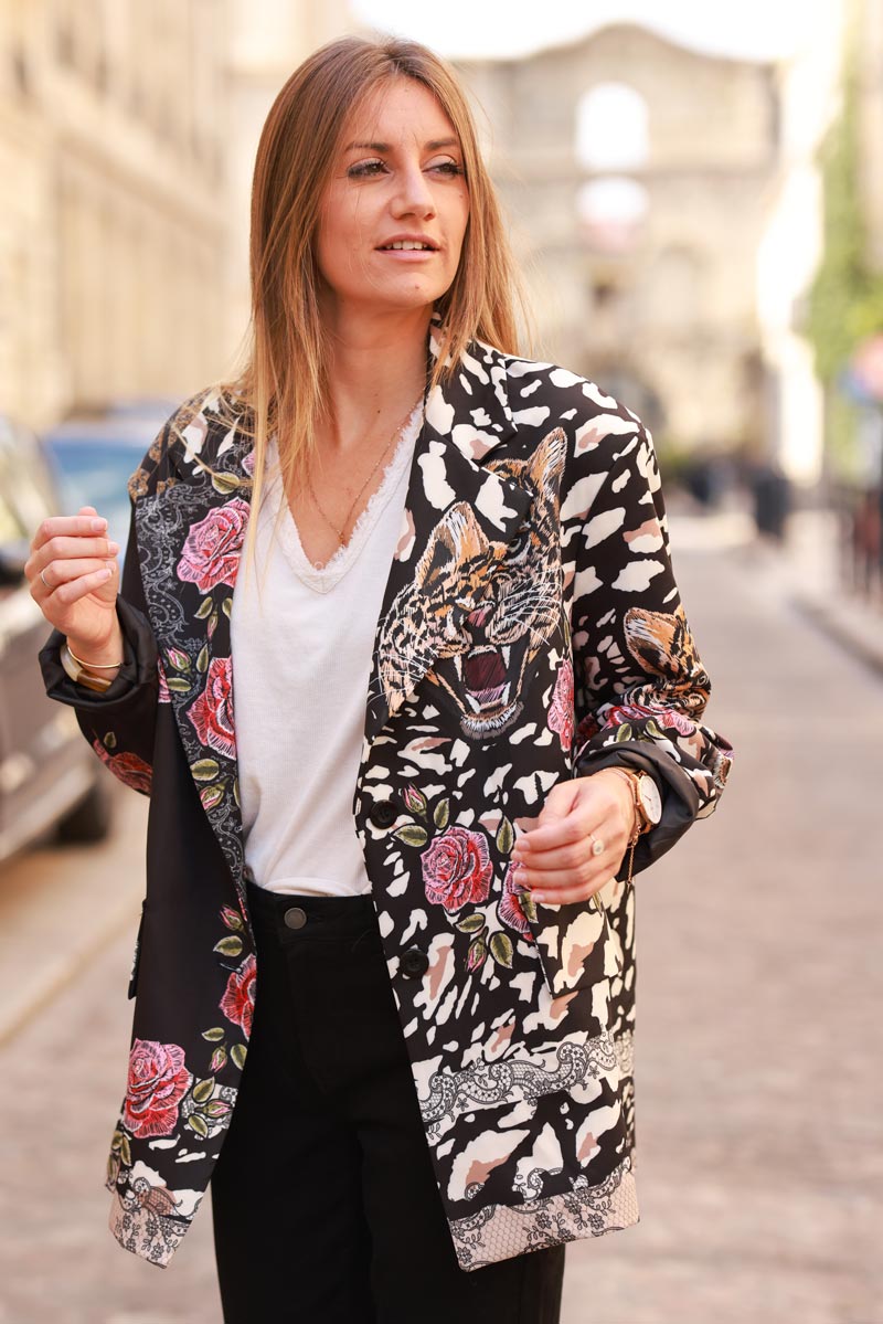 Loose-fit black blazer with tiger, leopard, and floral print