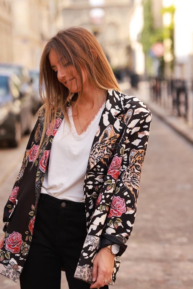 Loose-fit black blazer with tiger, leopard, and floral print