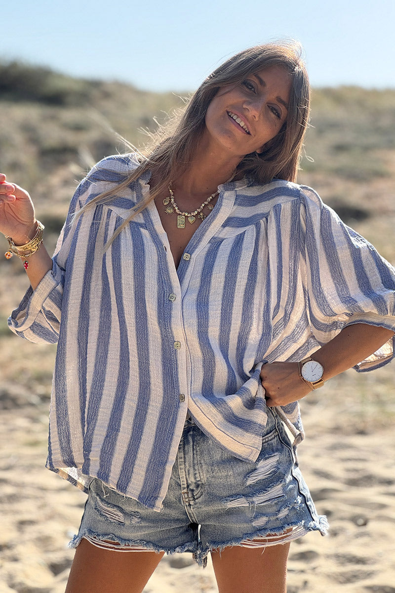 Blouse à boutons en coton rayures bleues manches courtes looses