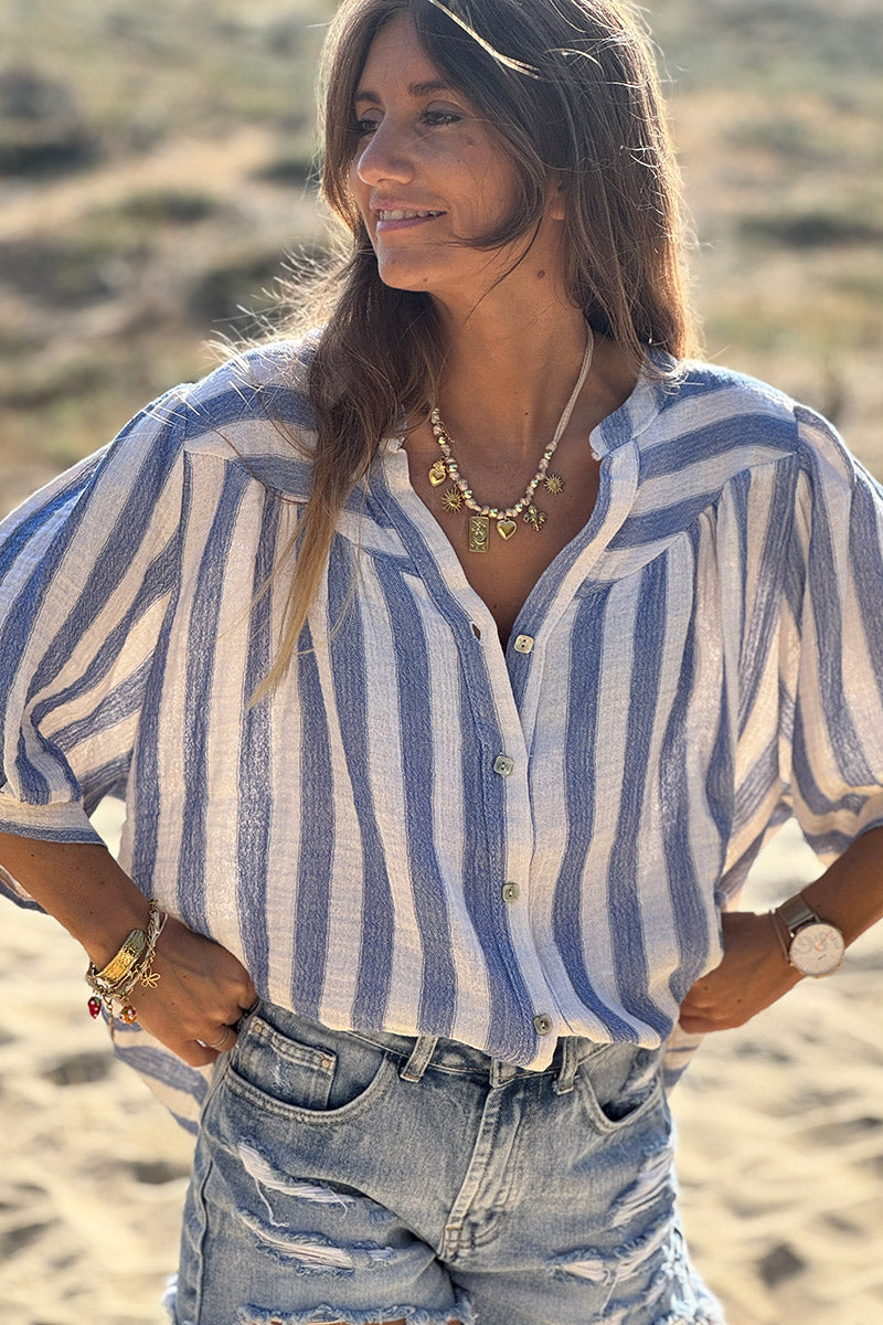 Blouse à boutons en coton rayures bleues manches courtes looses