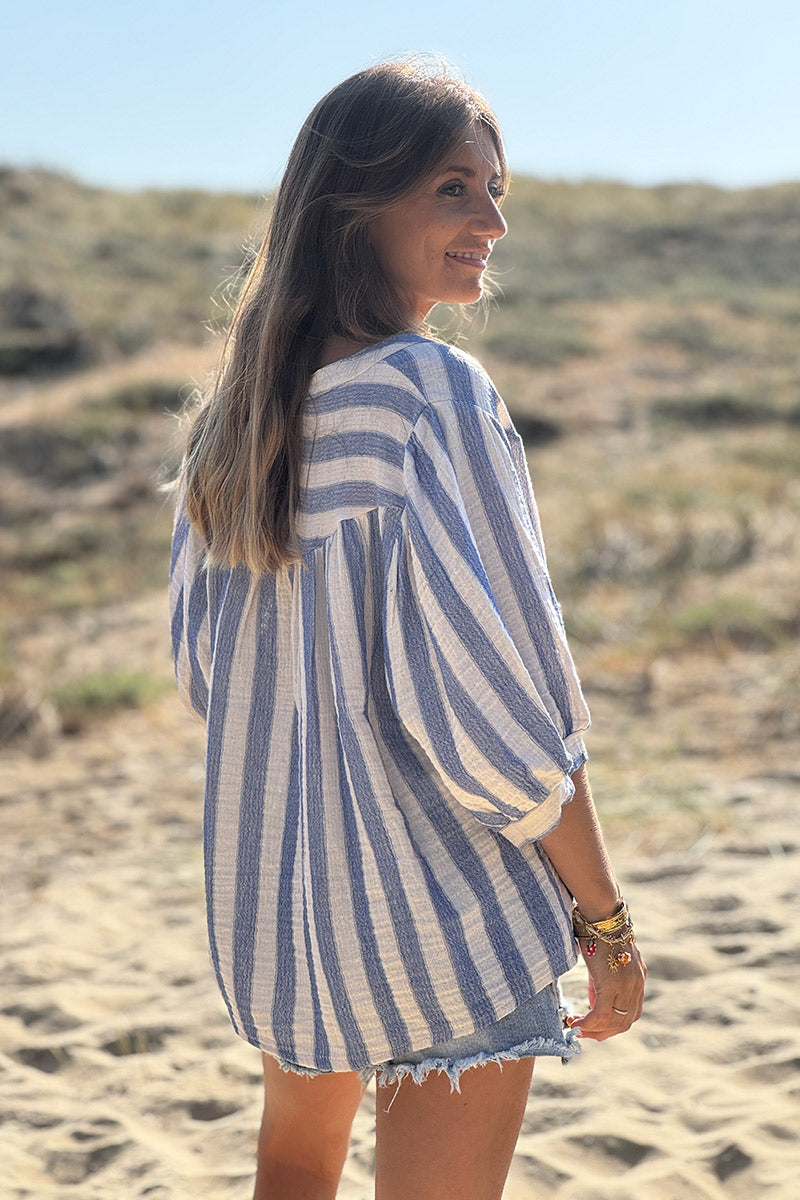 Blouse à boutons en coton rayures bleues manches courtes looses