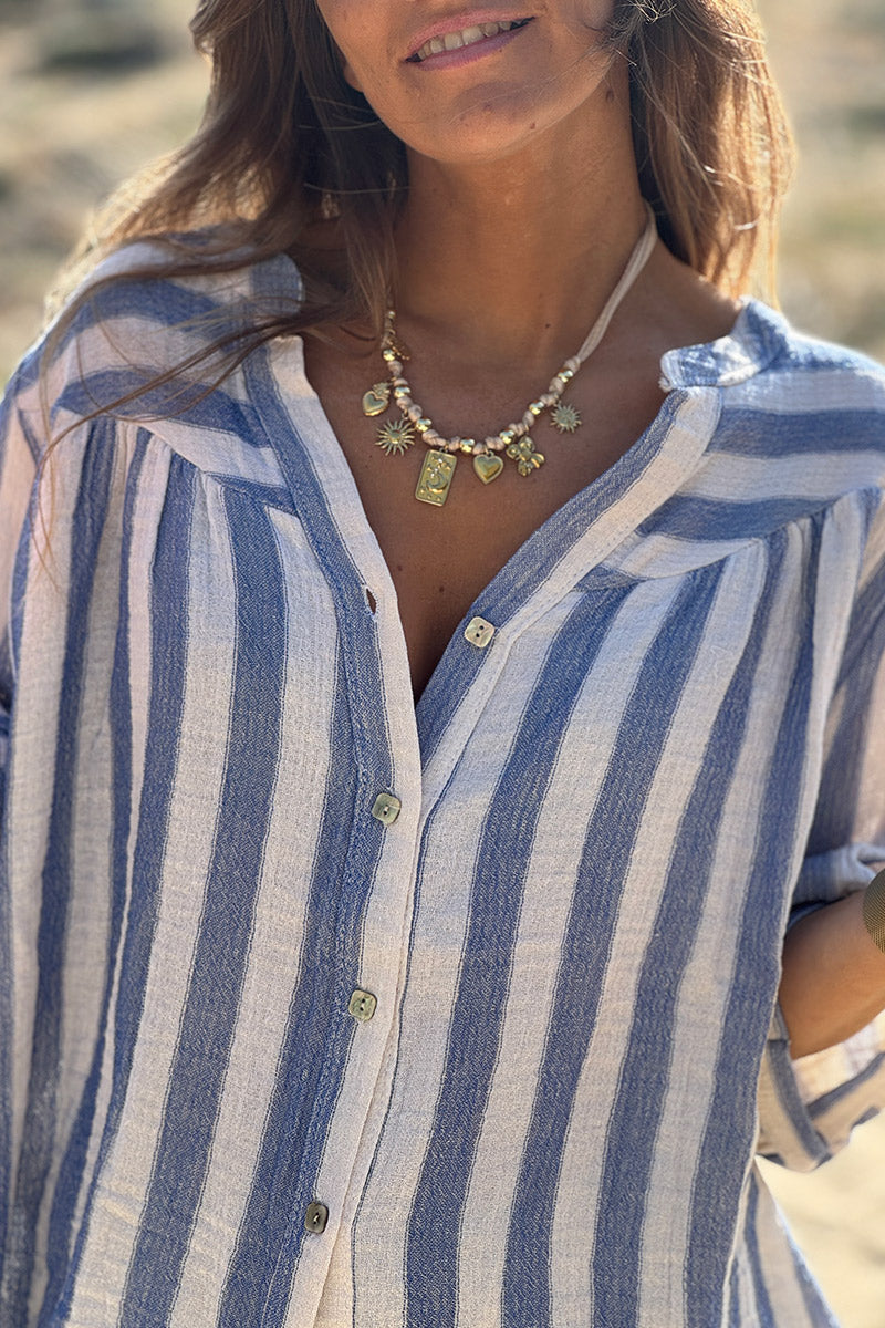 Blouse à boutons en coton rayures bleues manches courtes looses