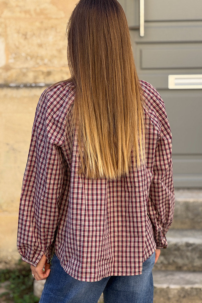 Blouse à carreaux aubergine en coton avec boutons