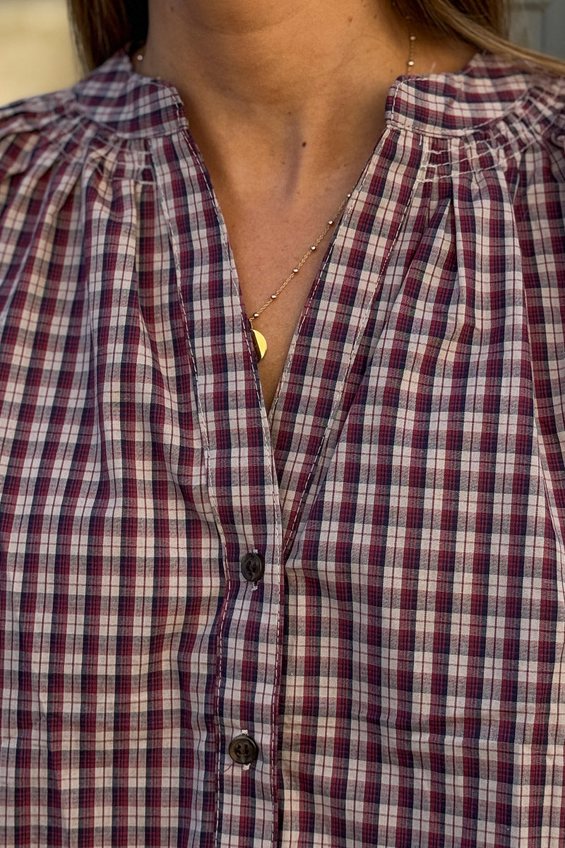 Blouse à carreaux aubergine en coton avec boutons