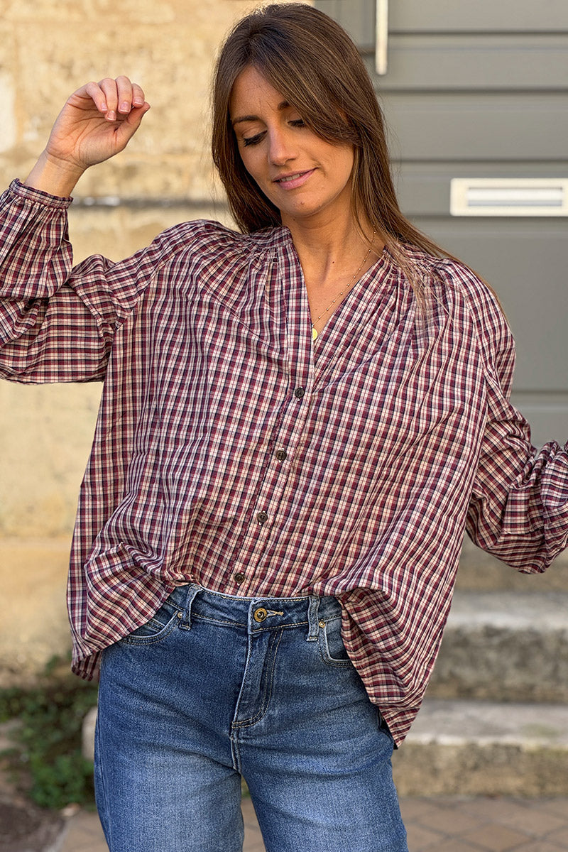 Blouse à carreaux aubergine en coton avec boutons