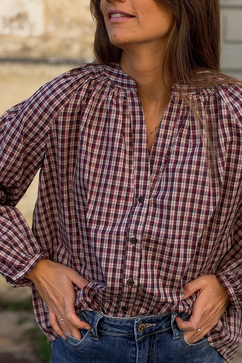 Blouse à carreaux aubergine en coton avec boutons