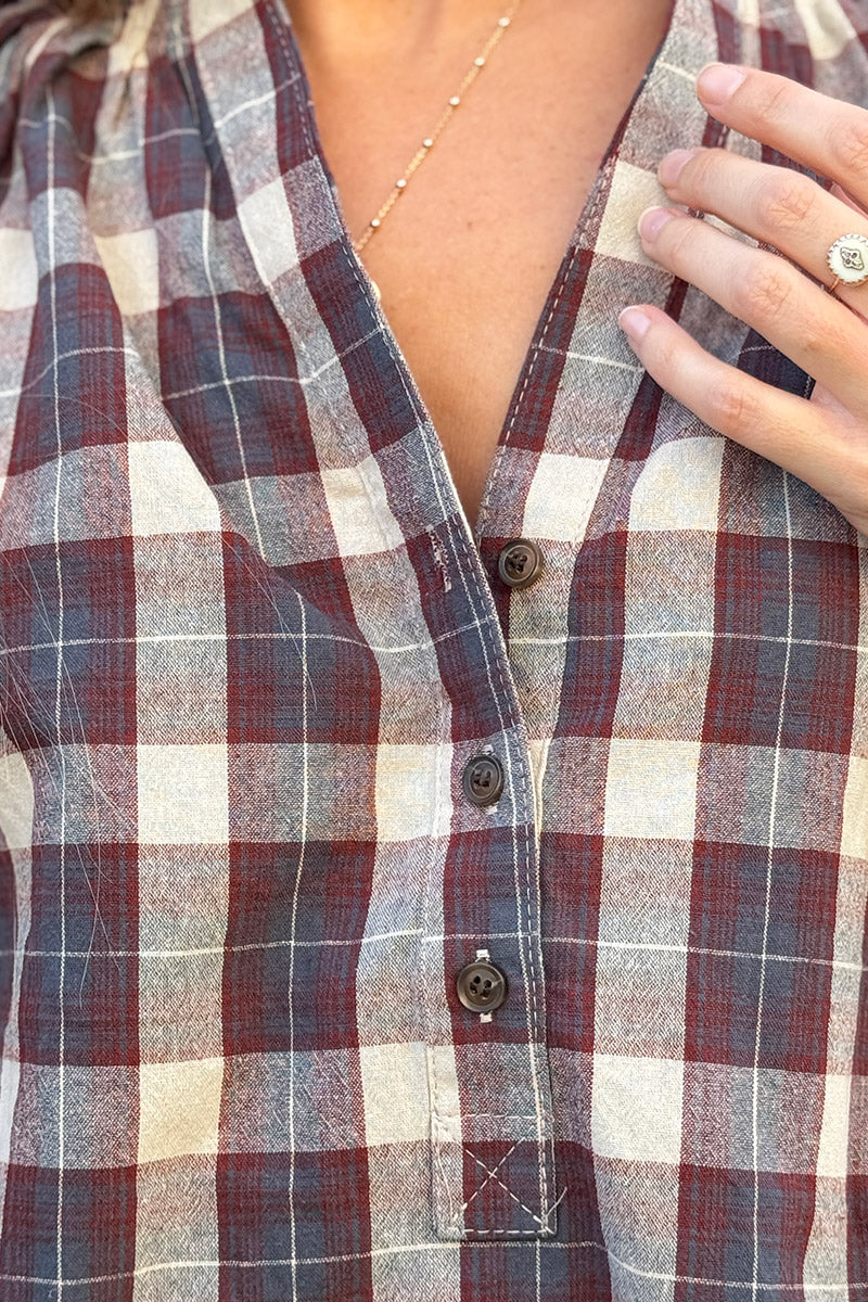 Blouse à carreaux rouge bordeaux en coton effet flanelle col boutons
