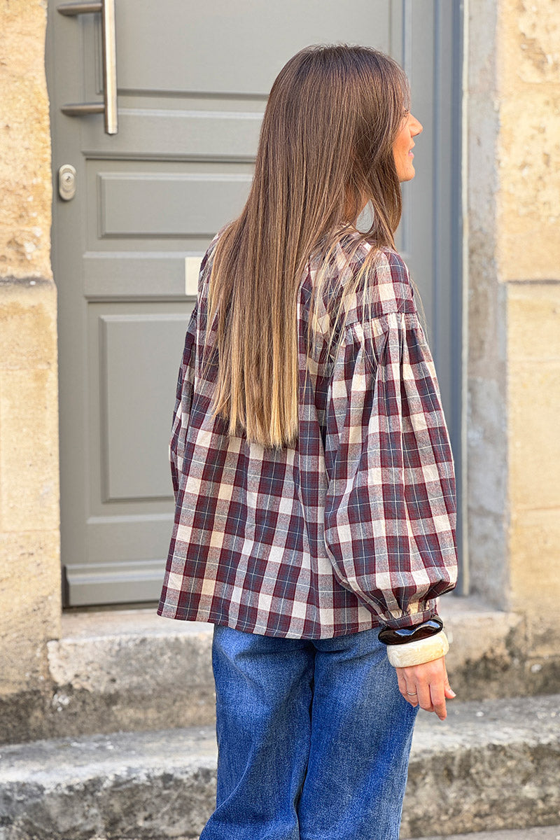 Blouse à carreaux rouge bordeaux en coton effet flanelle col boutons