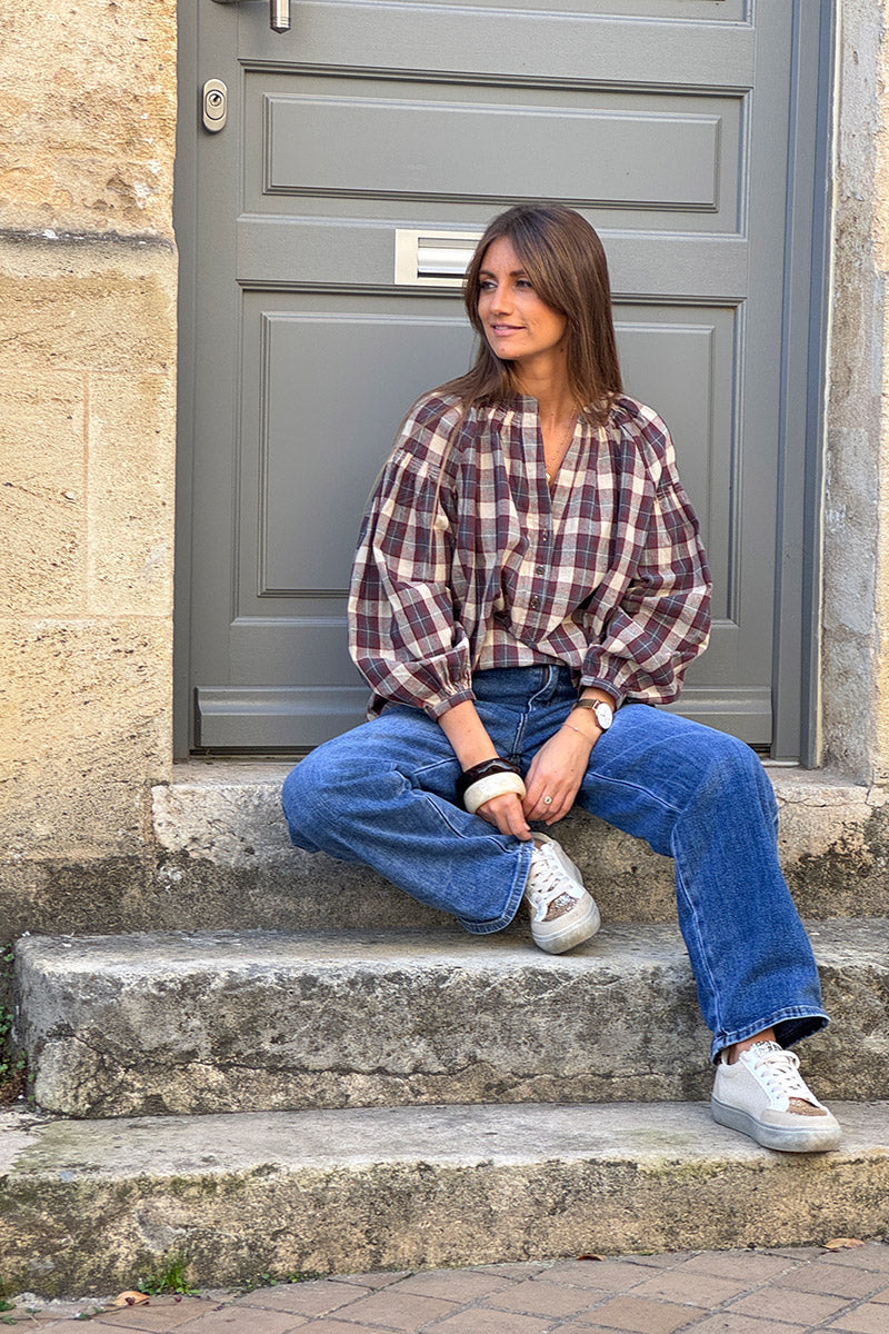 Blouse à carreaux rouge bordeaux en coton effet flanelle col boutons