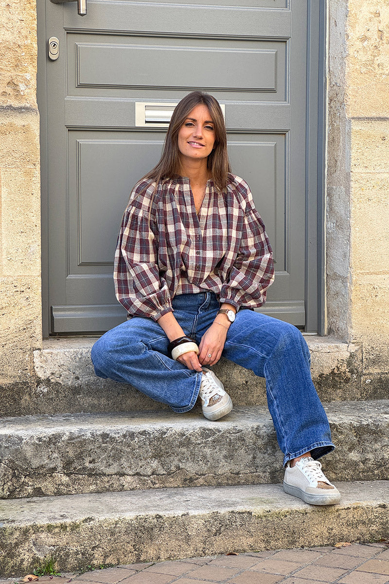 Blouse à carreaux rouge bordeaux en coton effet flanelle col boutons