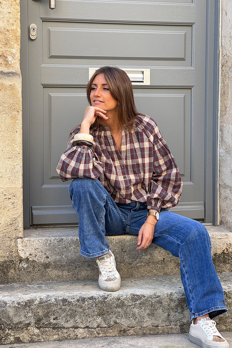Blouse à carreaux rouge bordeaux en coton effet flanelle col boutons