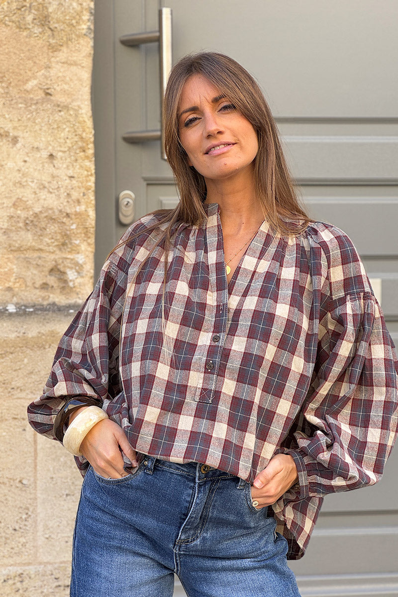 Blouse à carreaux rouge bordeaux en coton effet flanelle col boutons