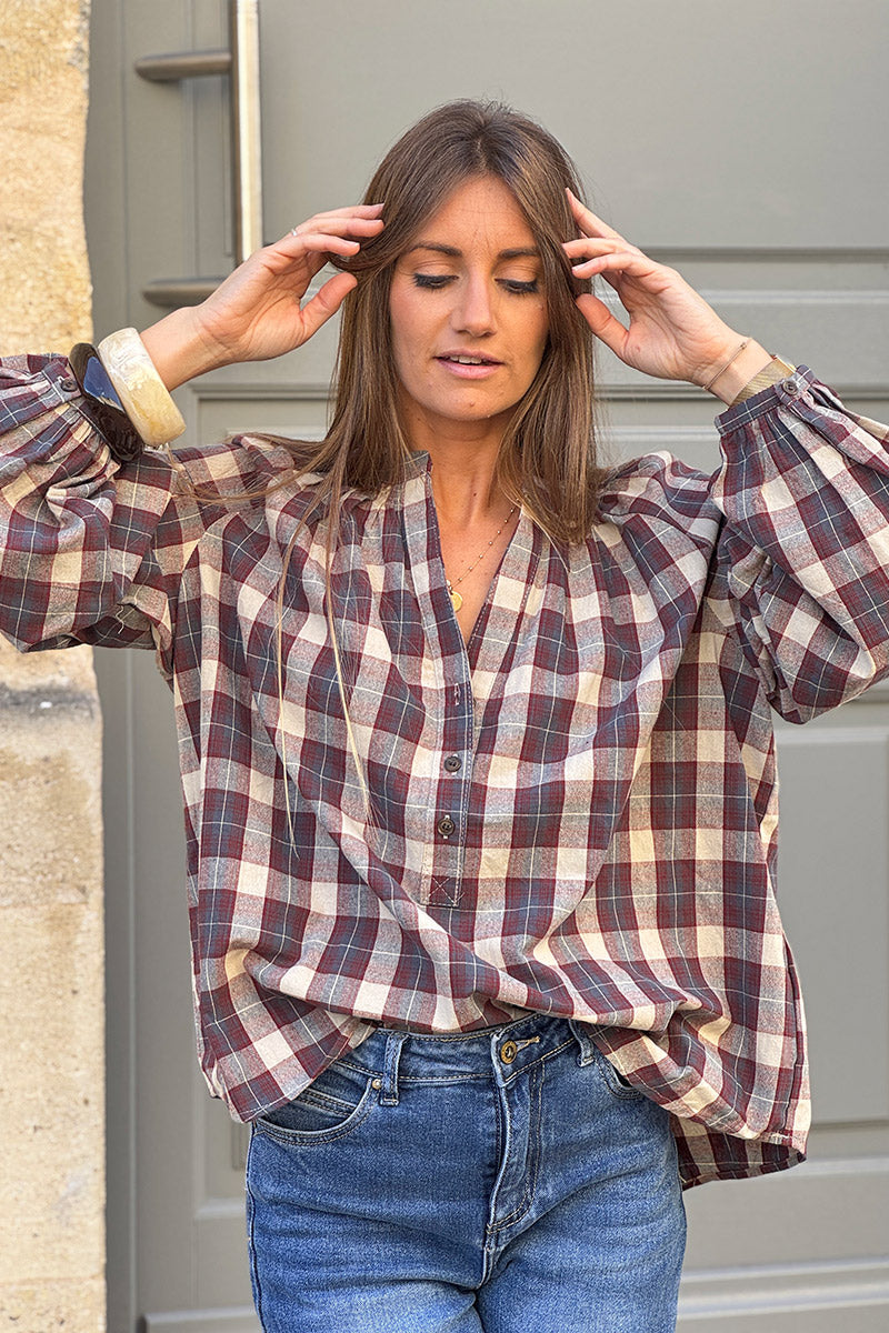 Blouse à carreaux rouge bordeaux en coton effet flanelle col boutons