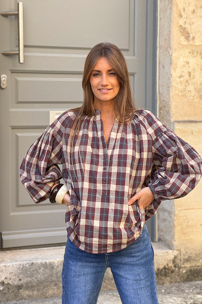 Blouse à carreaux rouge bordeaux en coton effet flanelle col boutons