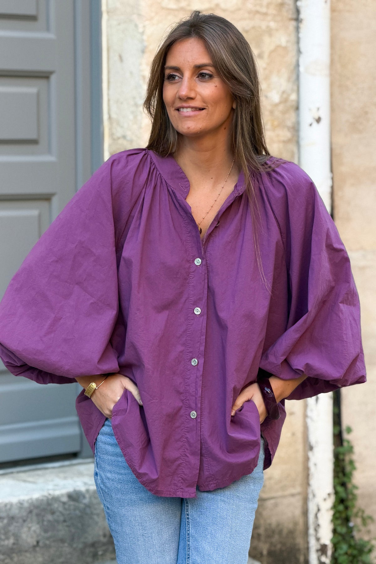Aubergine Cotton Blouson Sleeve Blouse
