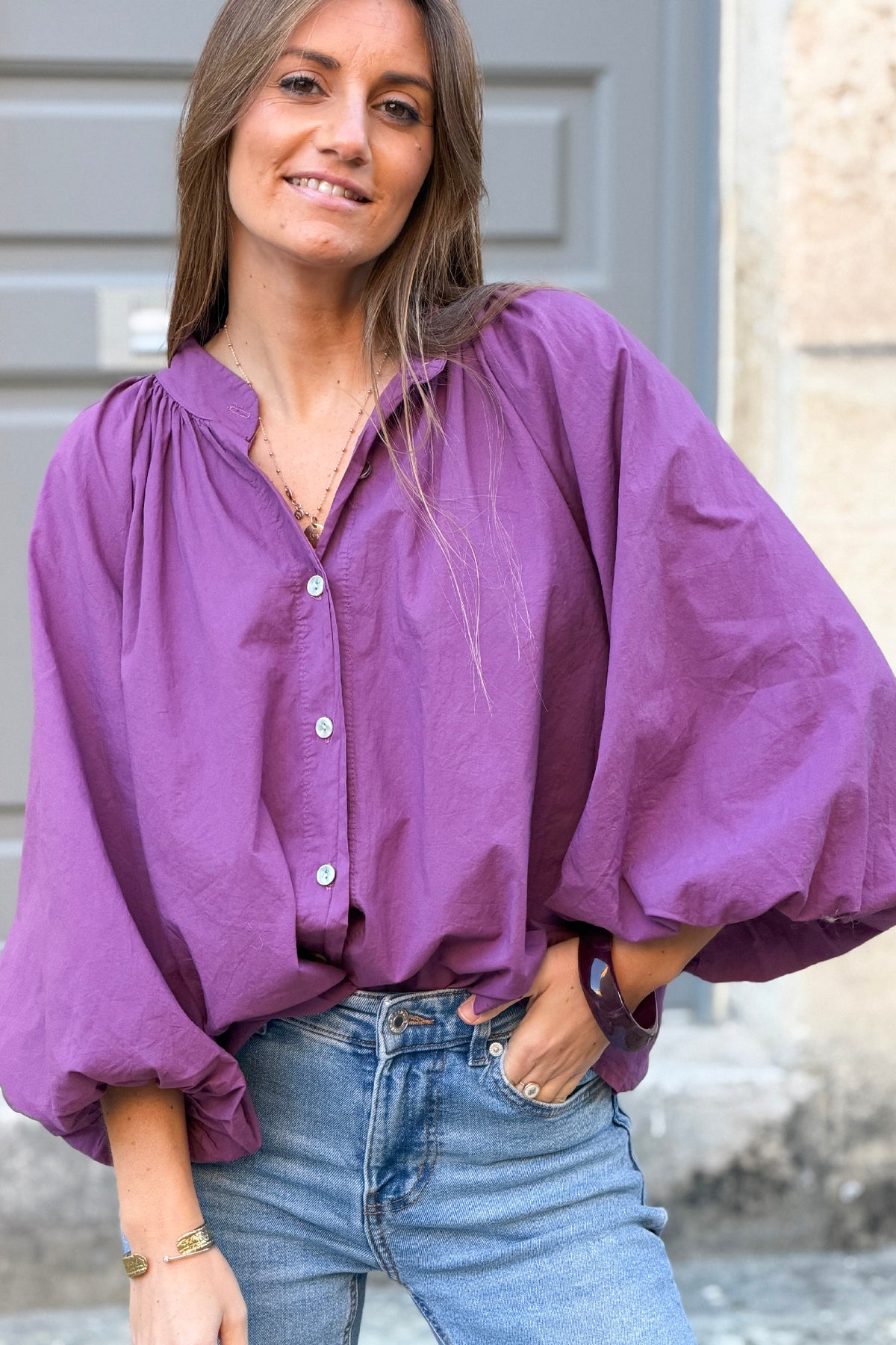 Aubergine Cotton Blouson Sleeve Blouse
