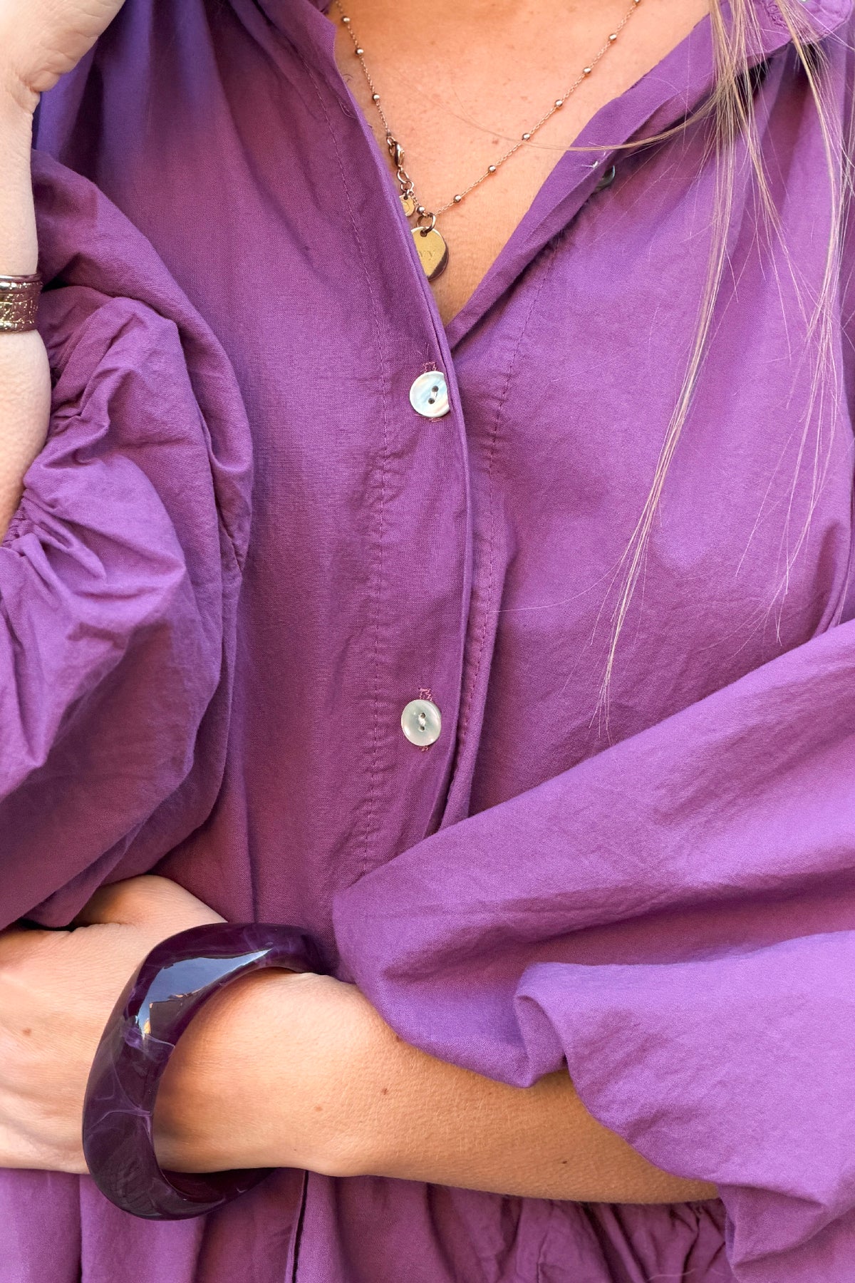 Aubergine Cotton Blouson Sleeve Blouse
