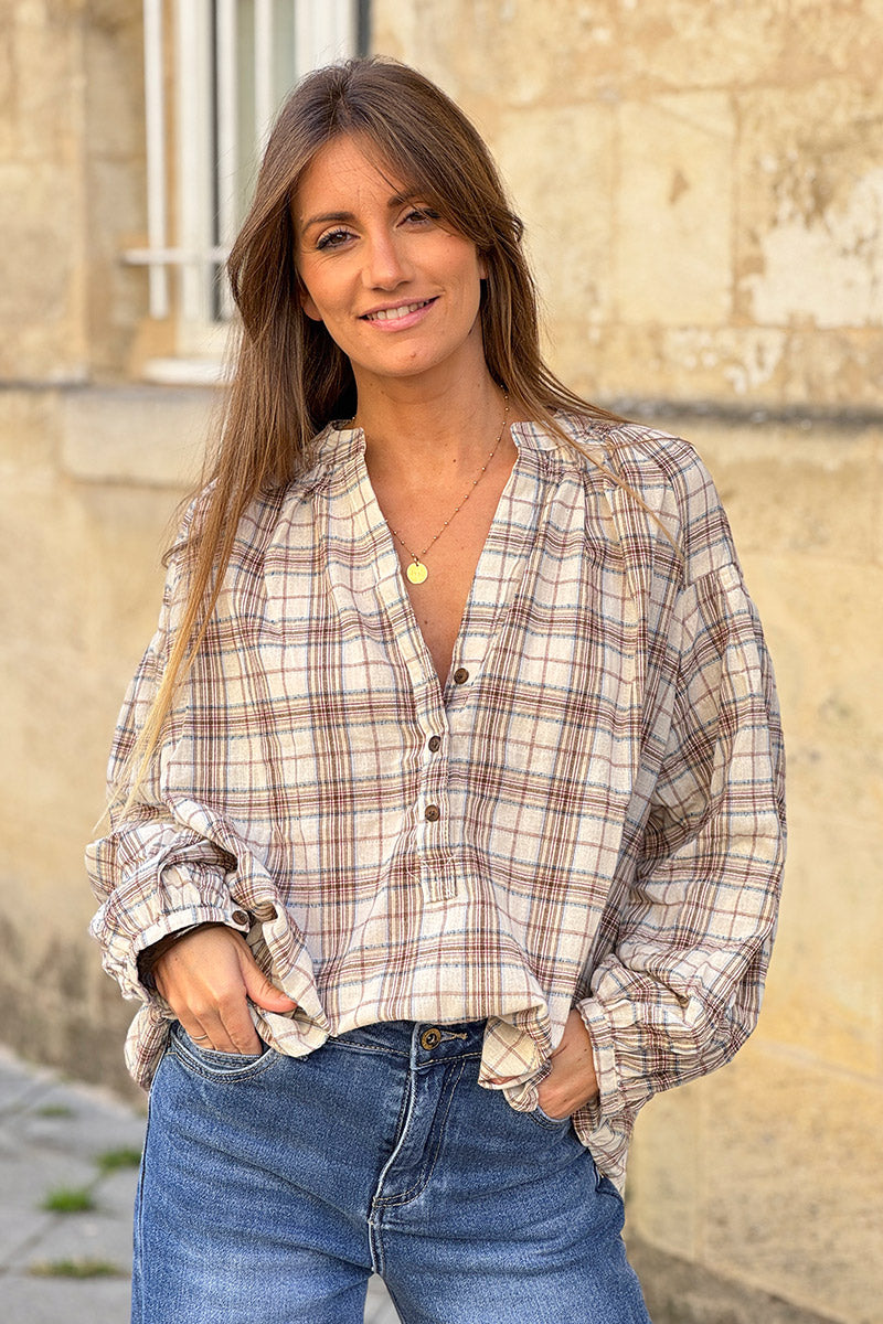 Cream Plaid Cotton Split Neck Blouse