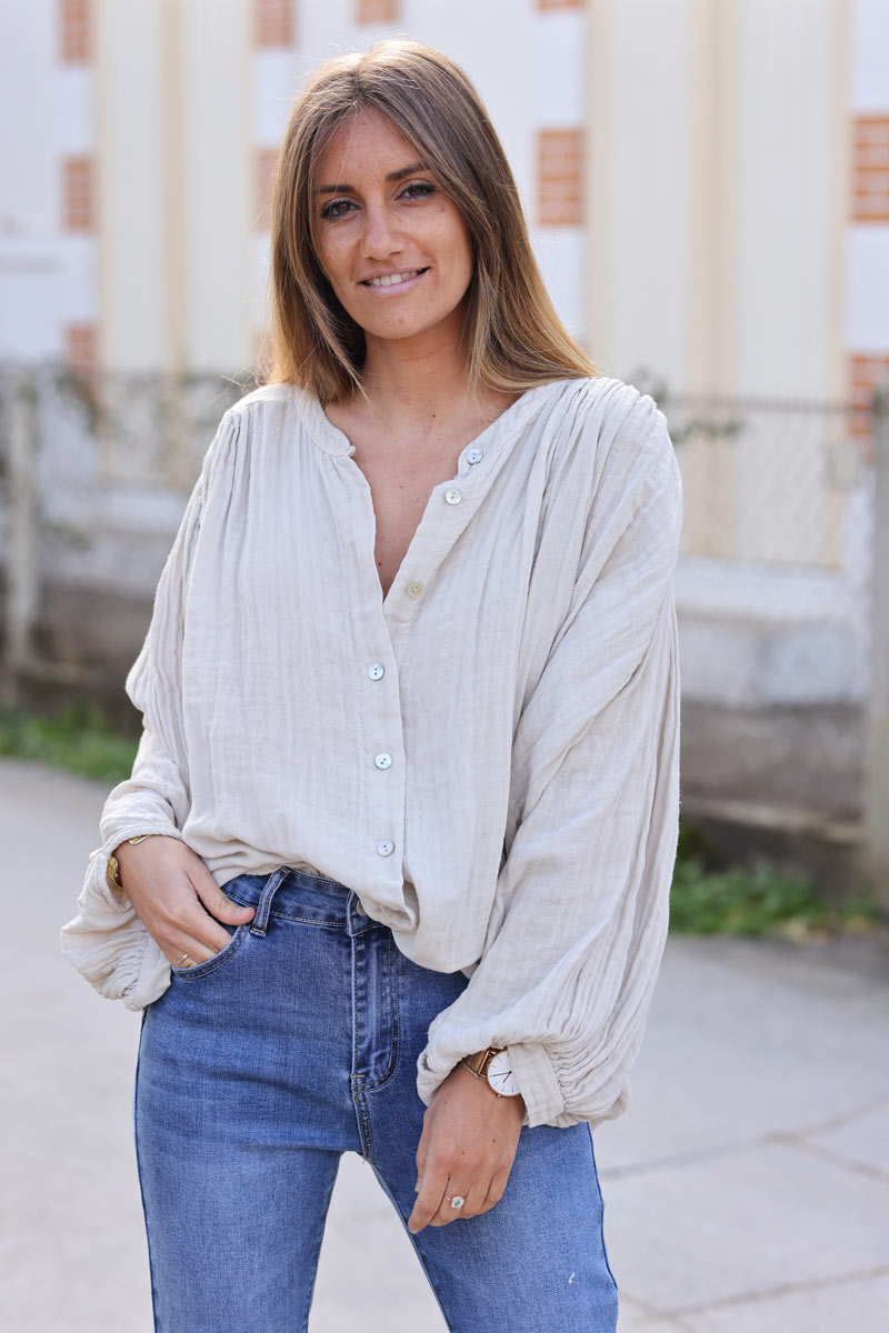 Beige textured cotton oversized batwing blouse