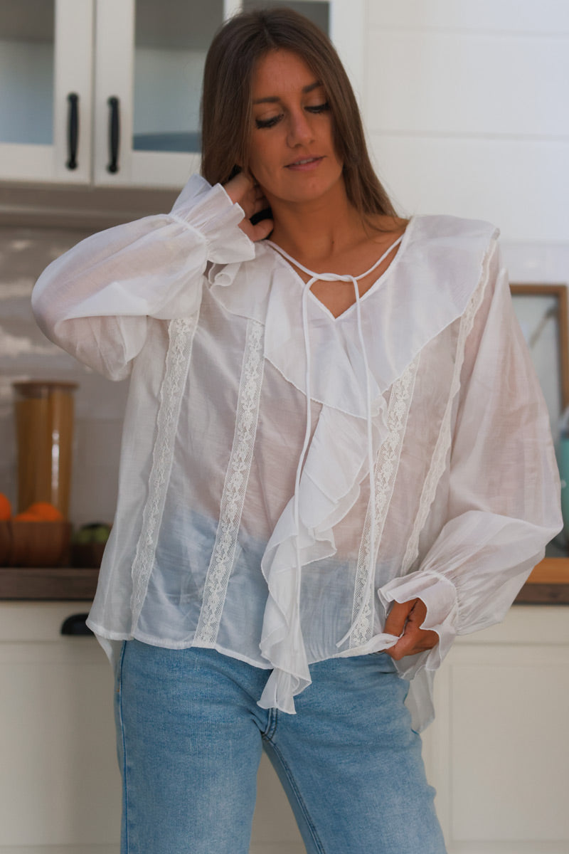 White Ruffle and Lace Babydoll Blouse