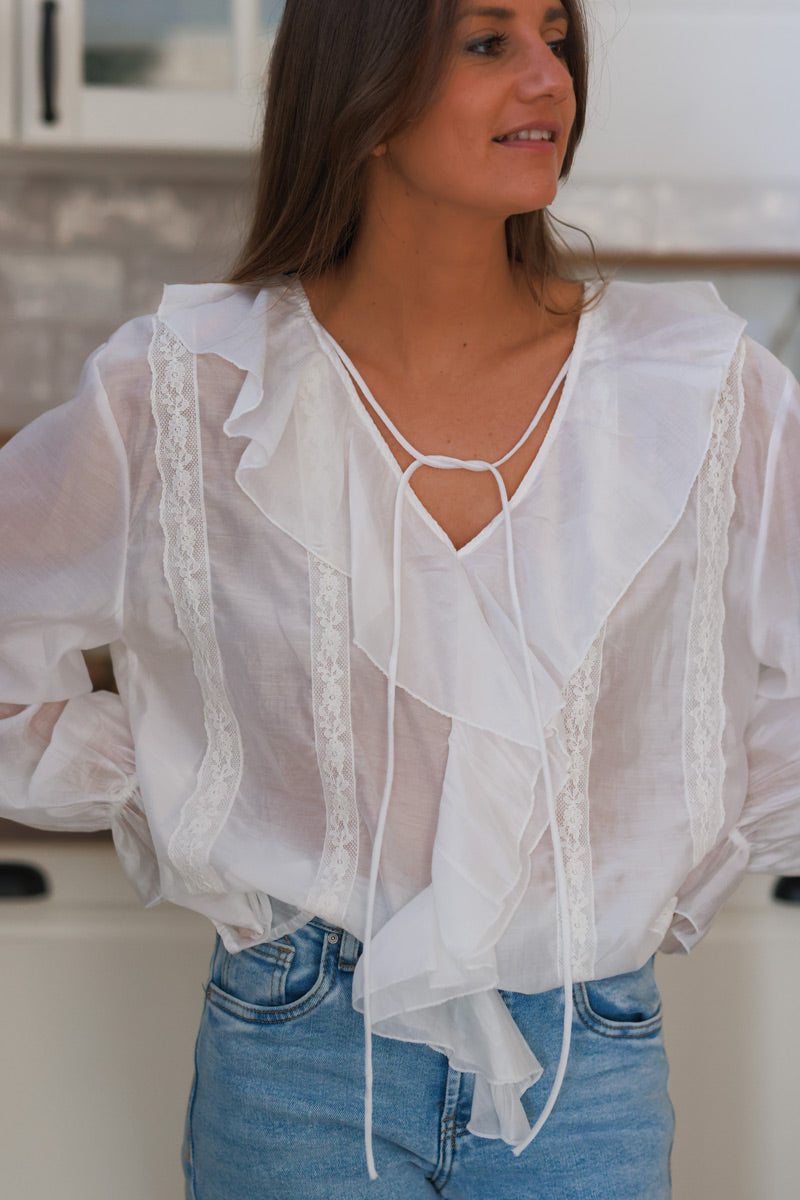 White Ruffle and Lace Babydoll Blouse