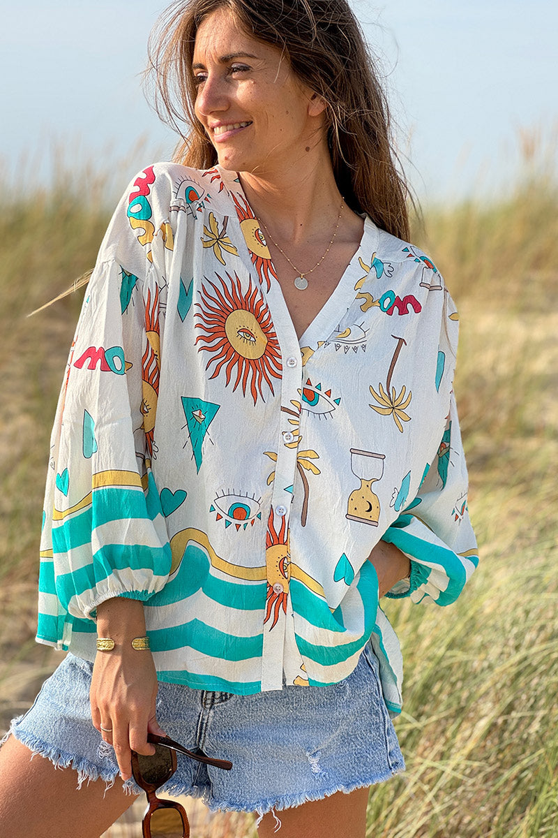 Turquoise Stripe Mystical Eye Boho Blouse