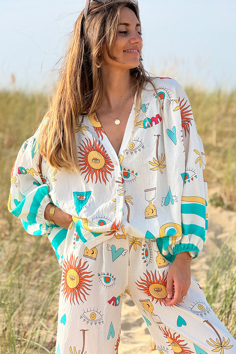 Turquoise Stripe Mystical Eye Boho Blouse