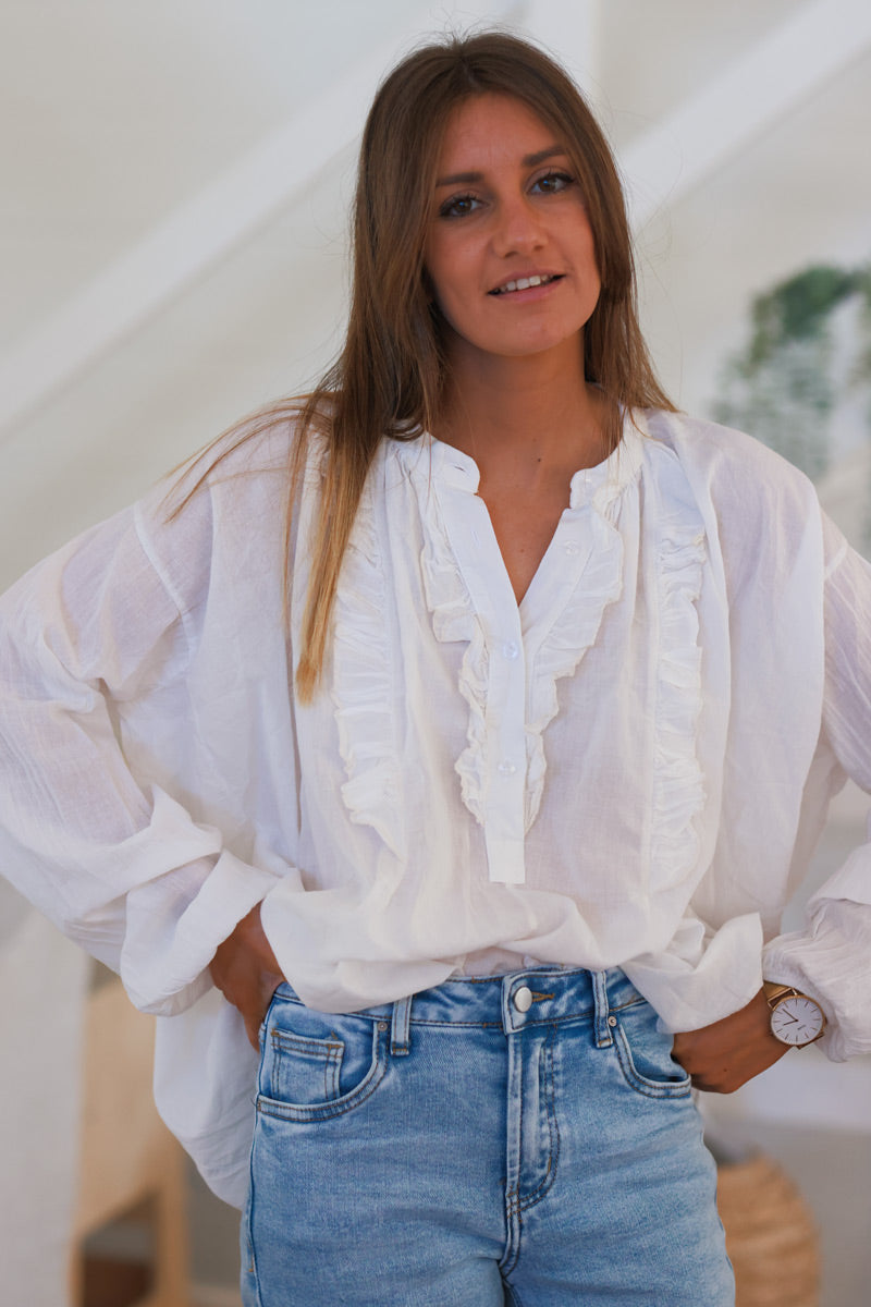 White Cotton Ruffled Bib Peasant Blouse