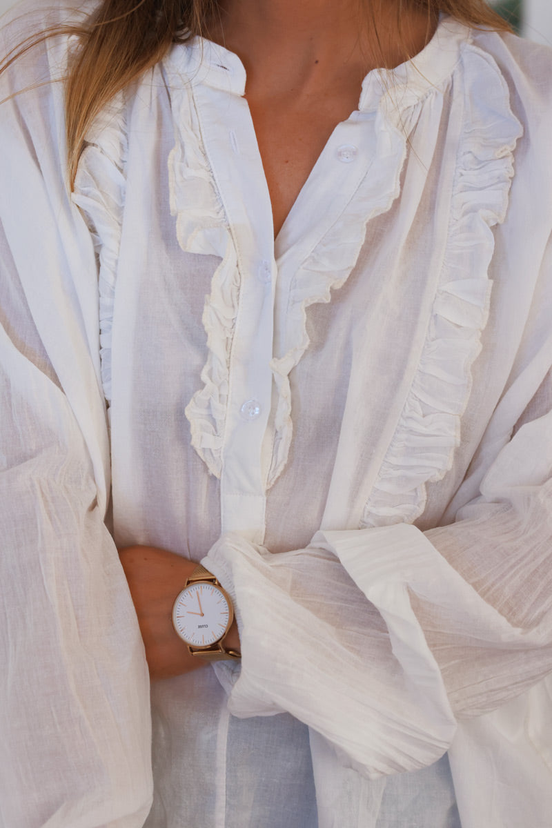 White Cotton Ruffled Bib Peasant Blouse