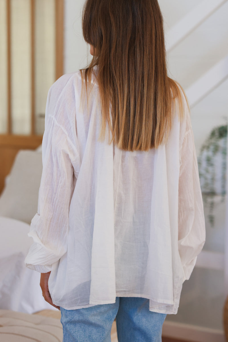 White Cotton Ruffled Bib Peasant Blouse