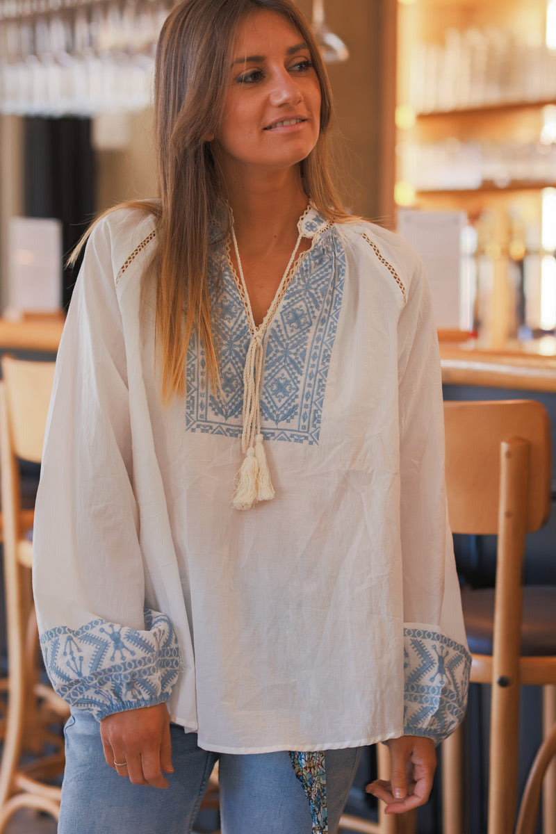 Blue and Cream Boho Embroidered Cotton Tunic