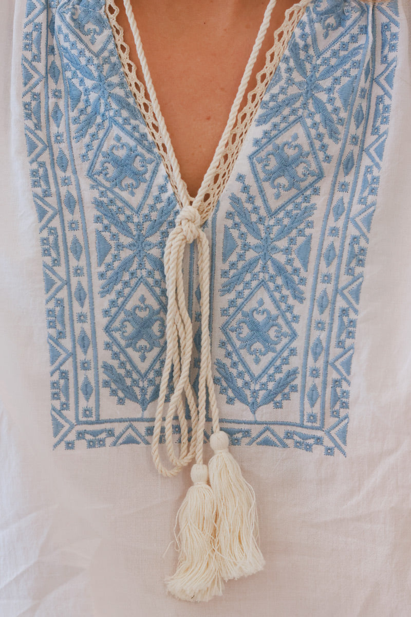 Blue and Cream Boho Embroidered Cotton Tunic