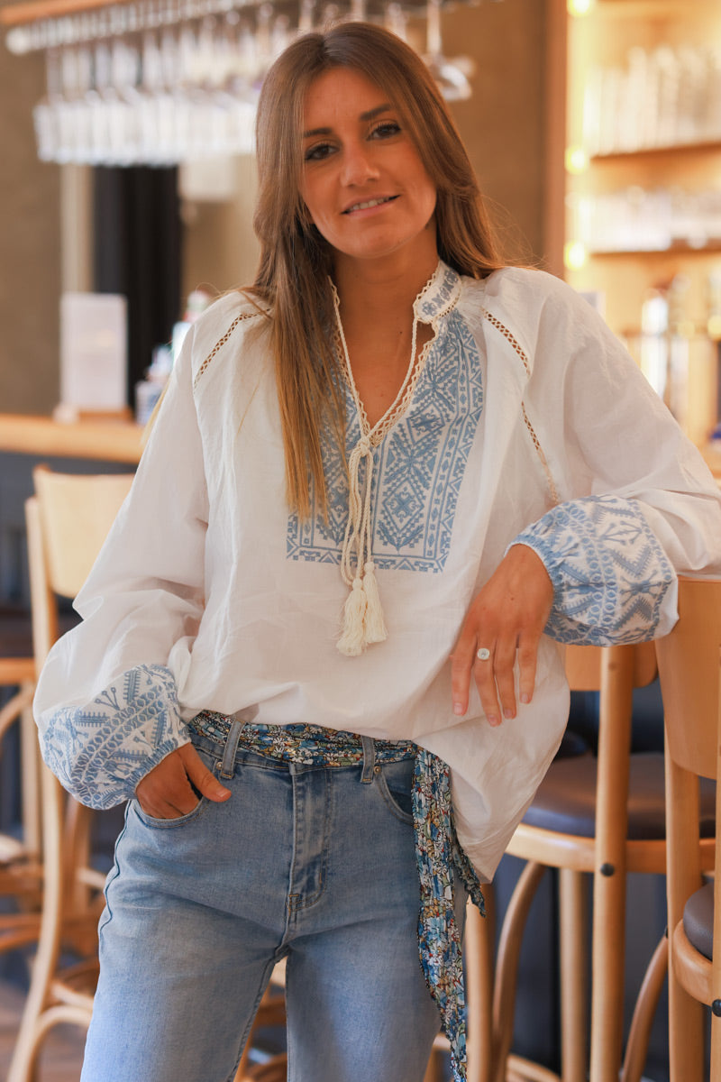 Blue and Cream Boho Embroidered Cotton Tunic