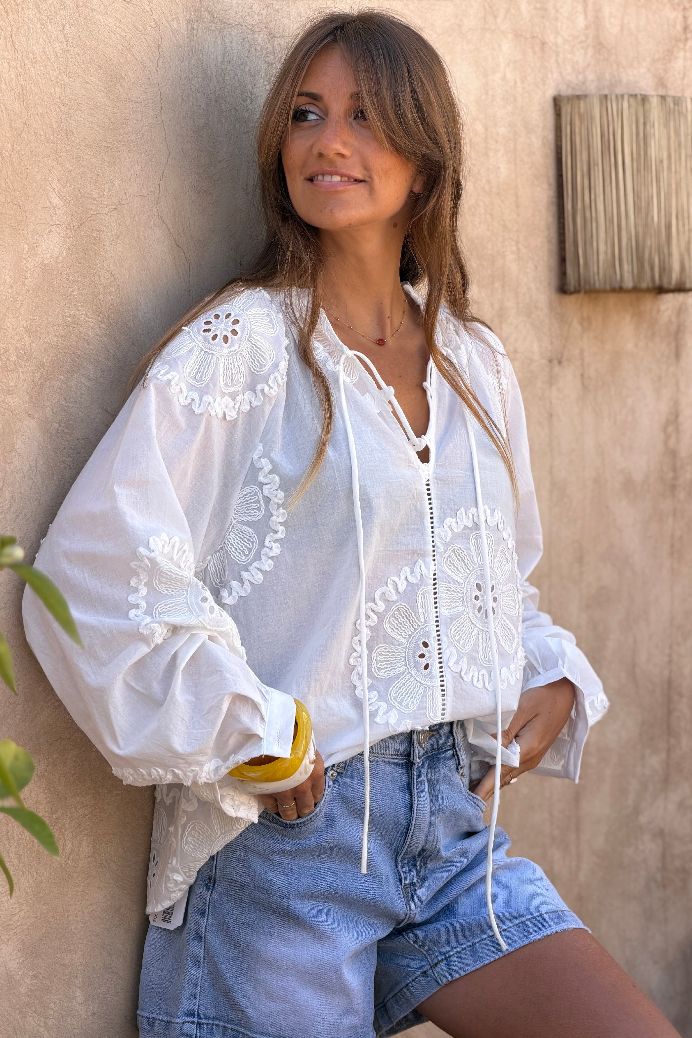 White Floral Medallion Peasant Blouse
