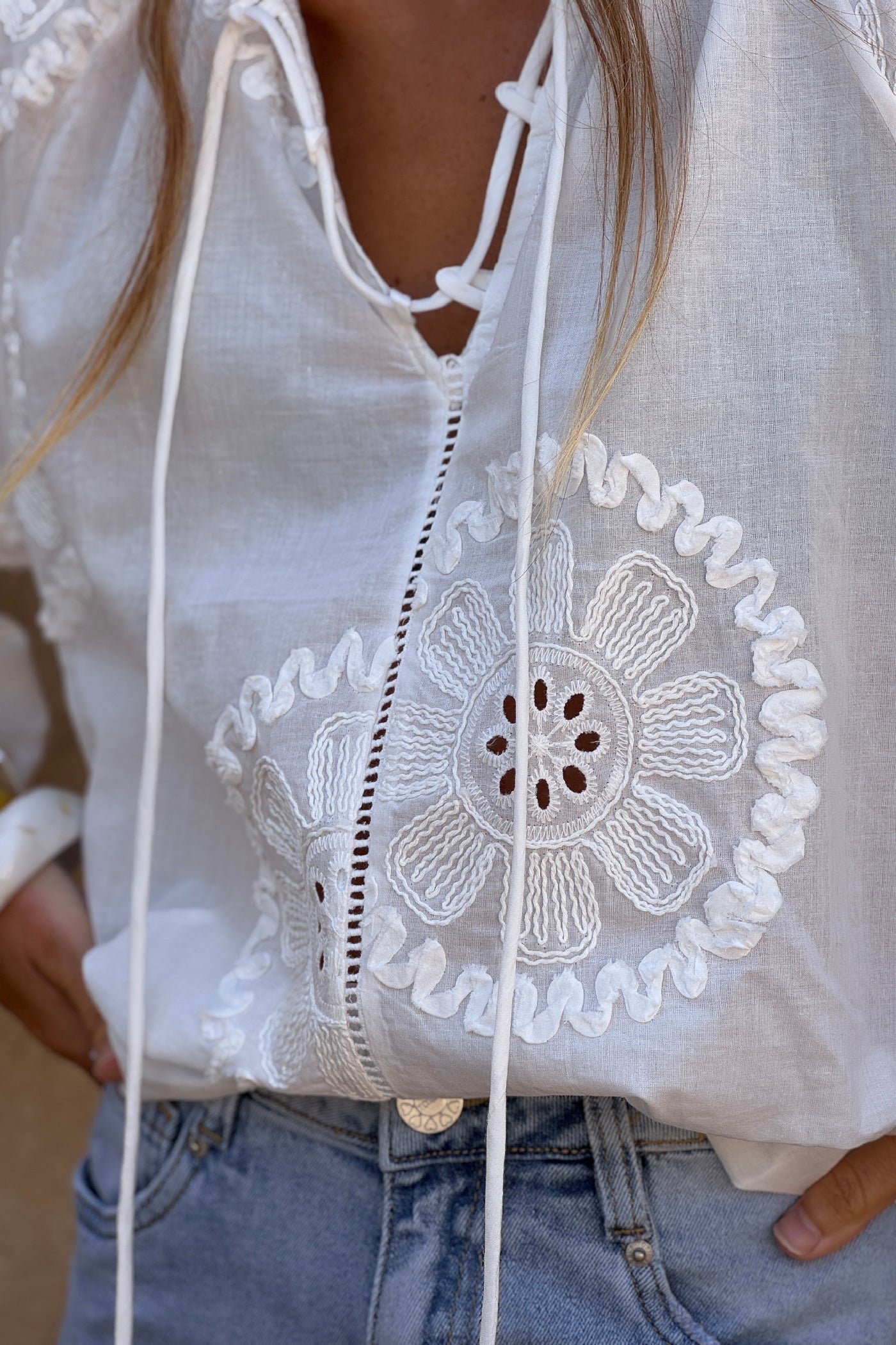 White Floral Medallion Peasant Blouse