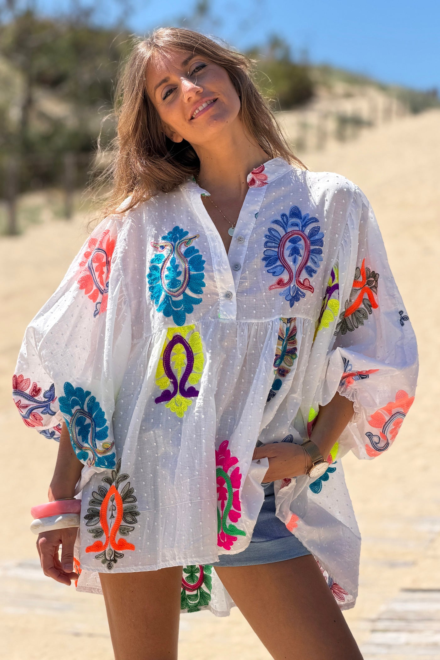 White Swiss Dot Peasant Blouse with Medallion Print