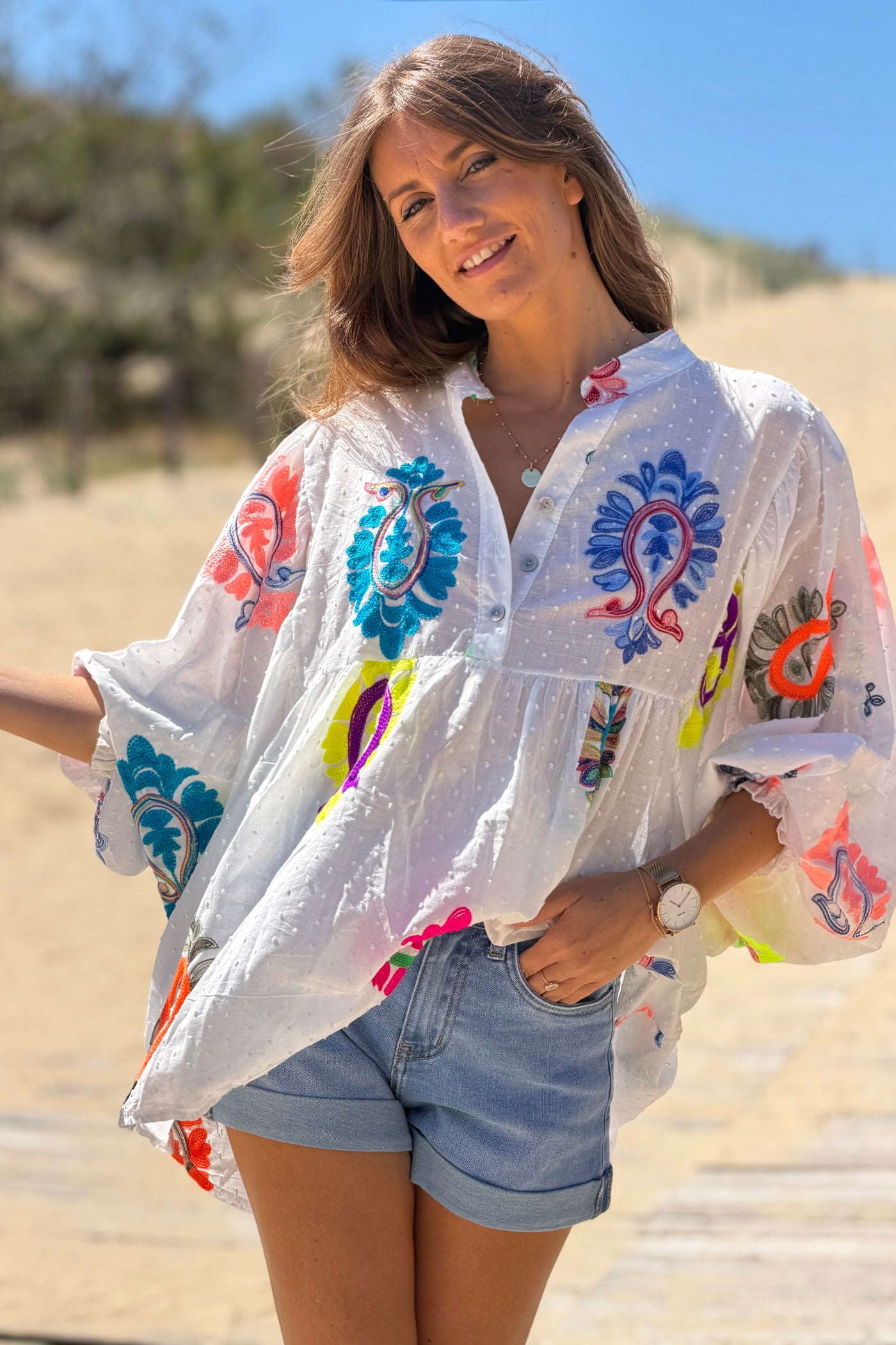 White Swiss Dot Peasant Blouse with Medallion Print