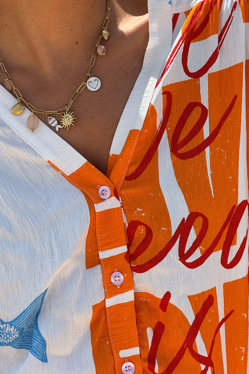 Orange “All We Need is Love” Button-Down Blouse