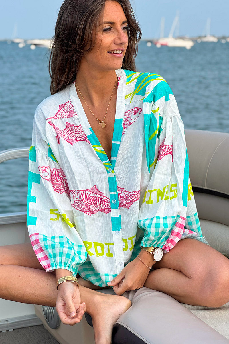 Turquoise “All We Need is Love” Button-Down Blouse