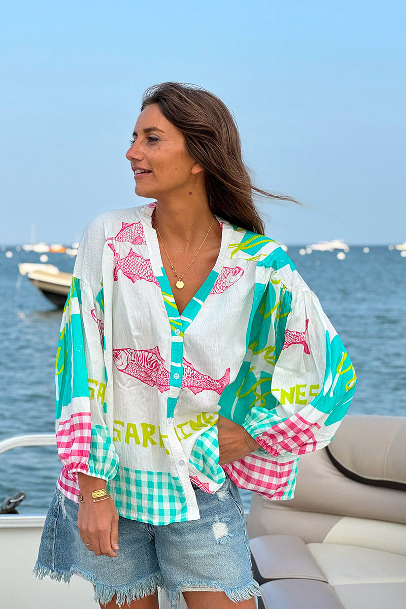 Blouse blanche imprimé LOVE turquoise poissons et carreaux vichy