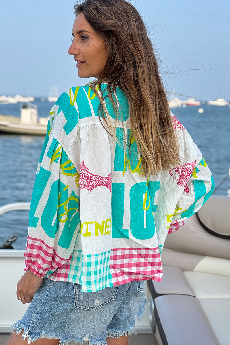 Blouse blanche imprimé LOVE turquoise poissons et carreaux vichy