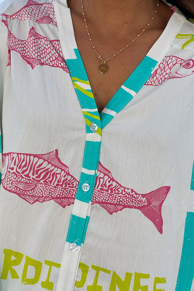 Blouse blanche imprimé LOVE turquoise poissons et carreaux vichy