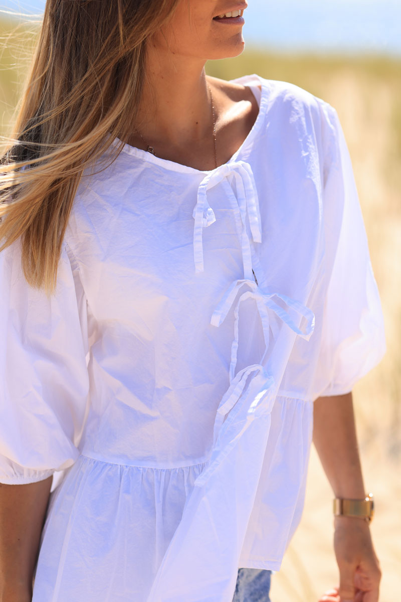 White tie front blouse with puffed 3/4 sleeves