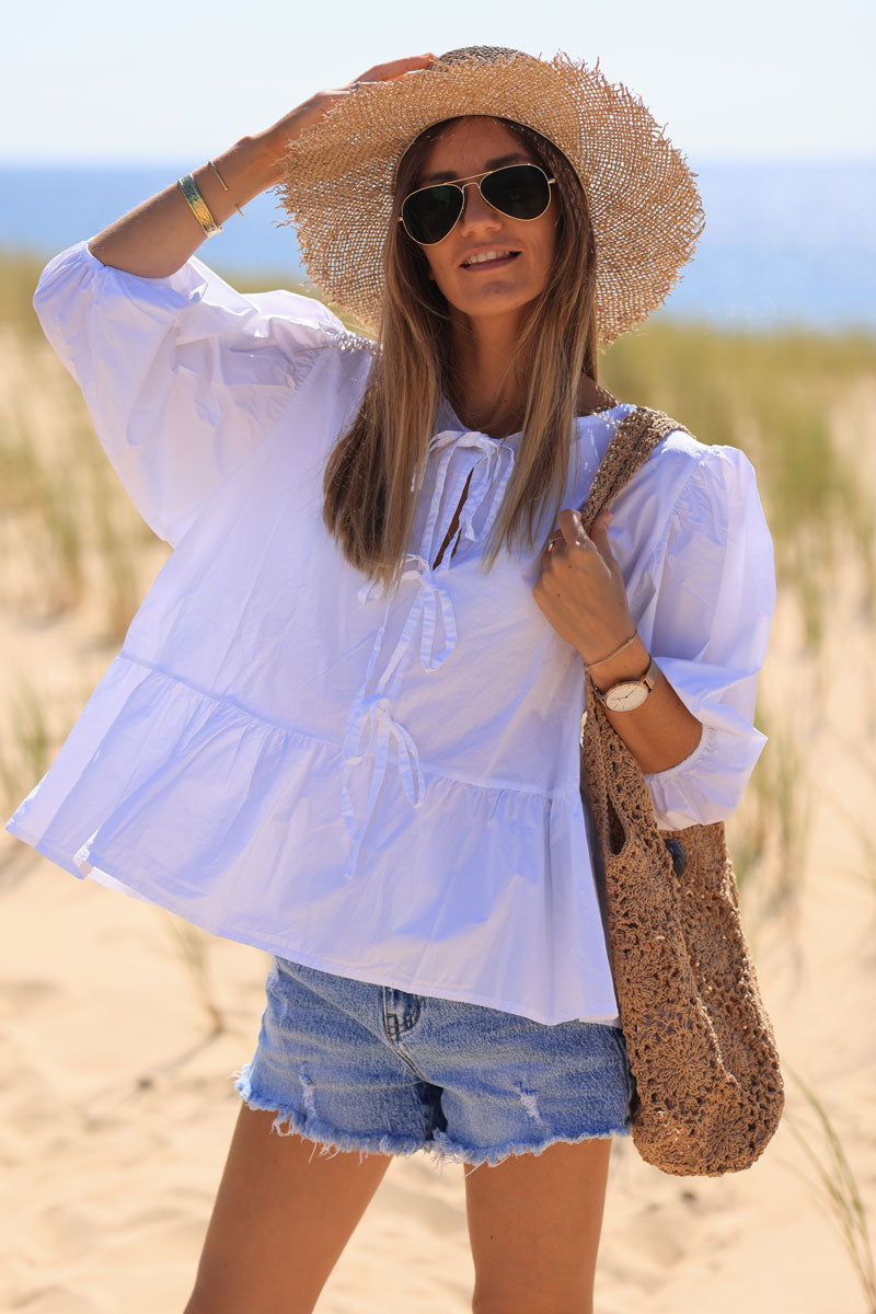 White tie front blouse with puffed 3/4 sleeves