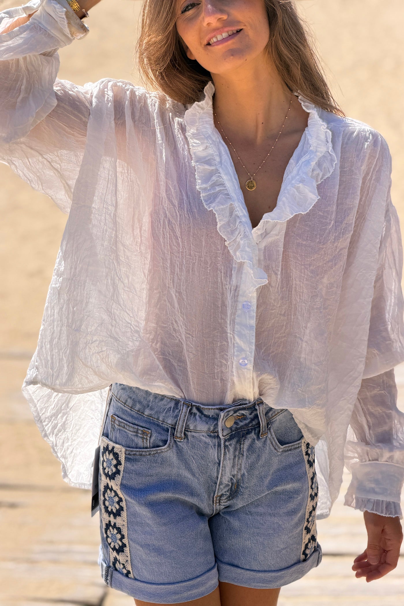 White Crinkle Gauze Romantic Ruffles Blouse