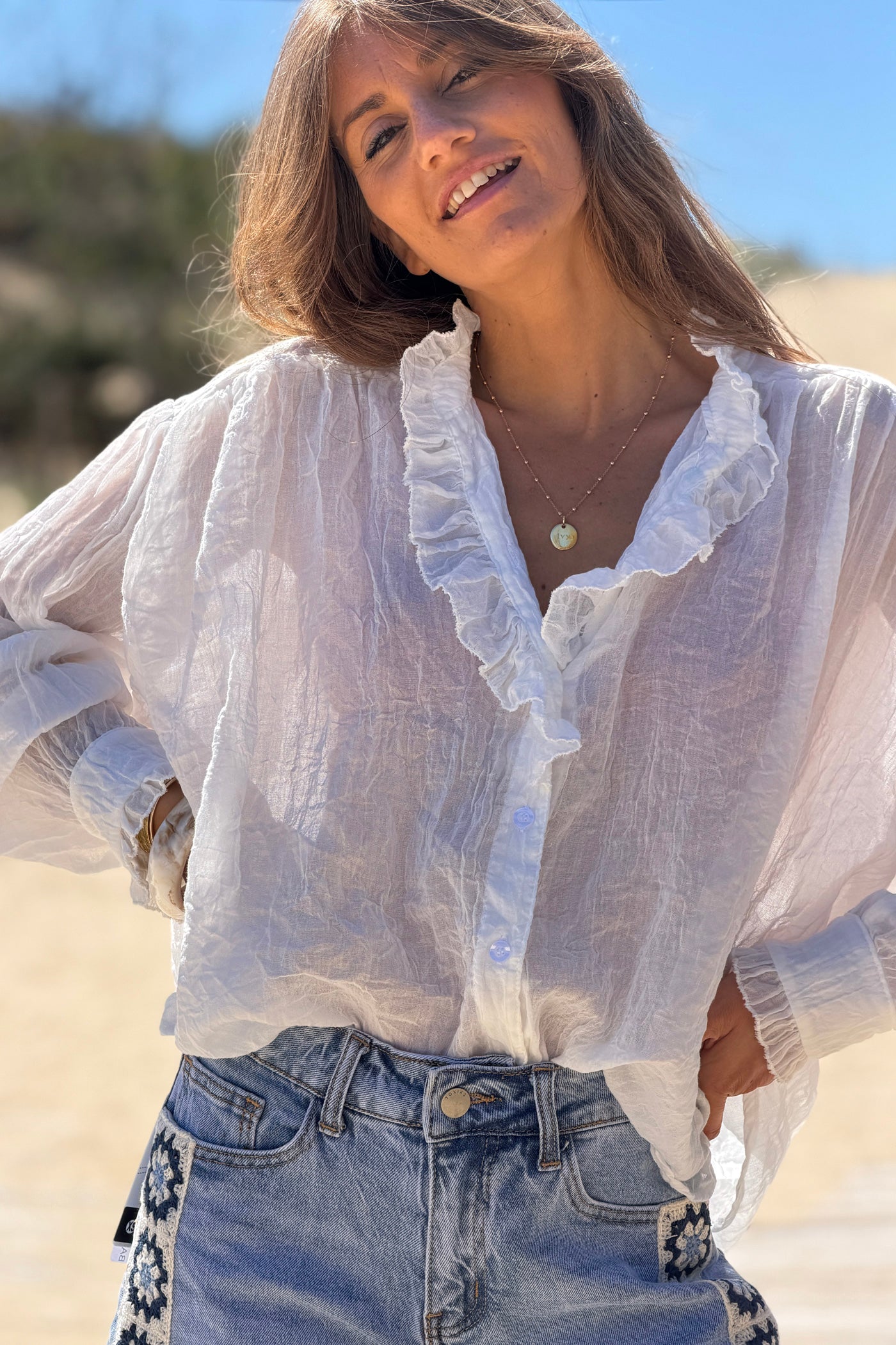 White Crinkle Gauze Romantic Ruffles Blouse